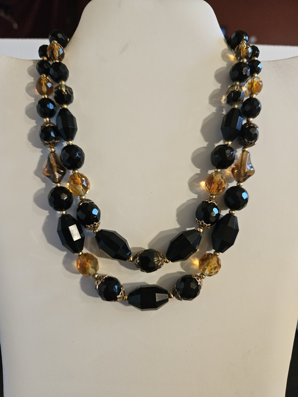 Vintage Trifari Black and Amber Faceted Bead Double-Strand Necklace